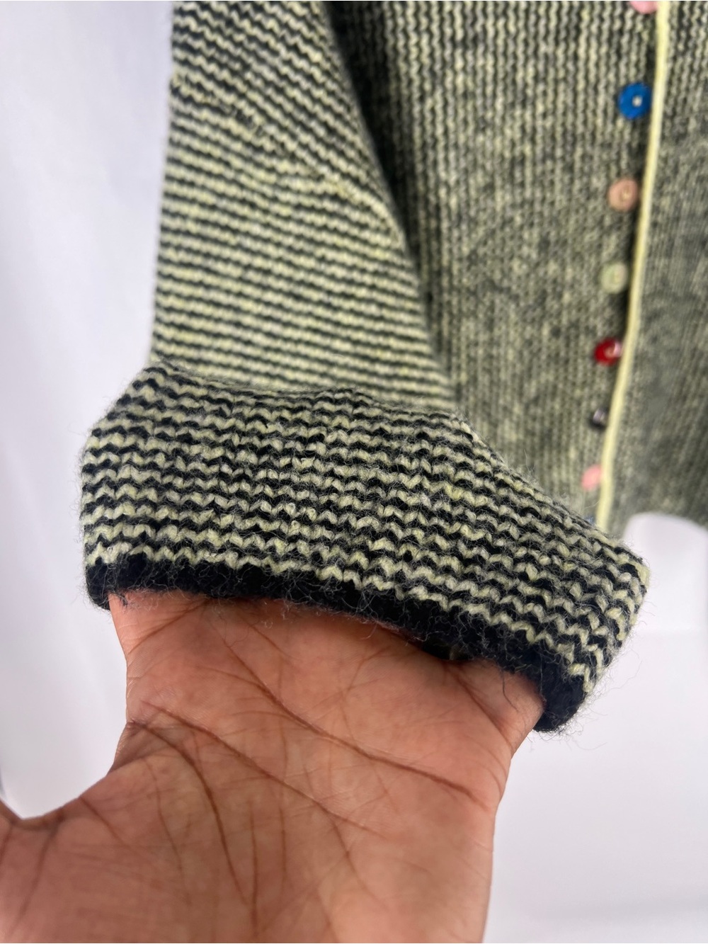 Olive Striped Cardigan with Colorful Buttons - Picture 7 of 13